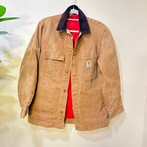 VTG 80's Carhartt Red Quilt Lined Chore Coat Brown Canvas Corduroy Collar USA M